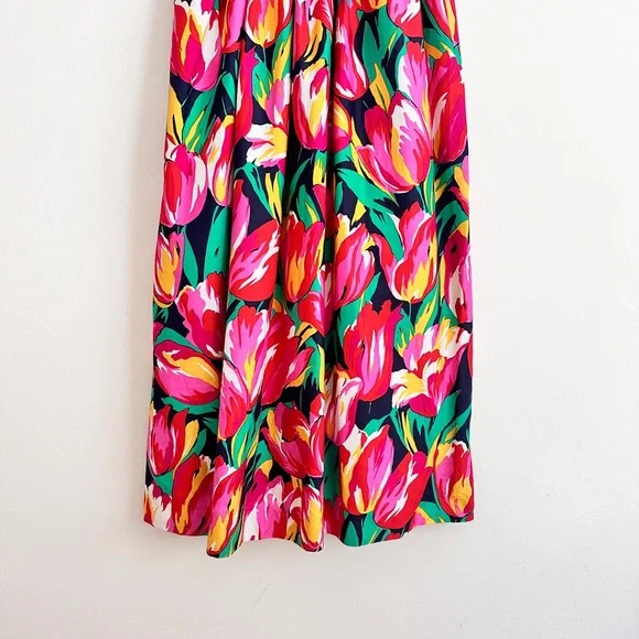 vintage 80s 90s tulip print midi dress bow detail floral pattern XS S - Picture 5 of 5